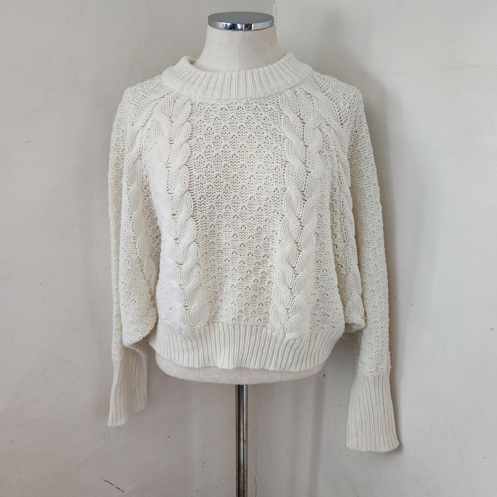 Moon & Madison Womens XS Ivory Cable‎ Knit Pointelle Crewneck Cropped Sweater